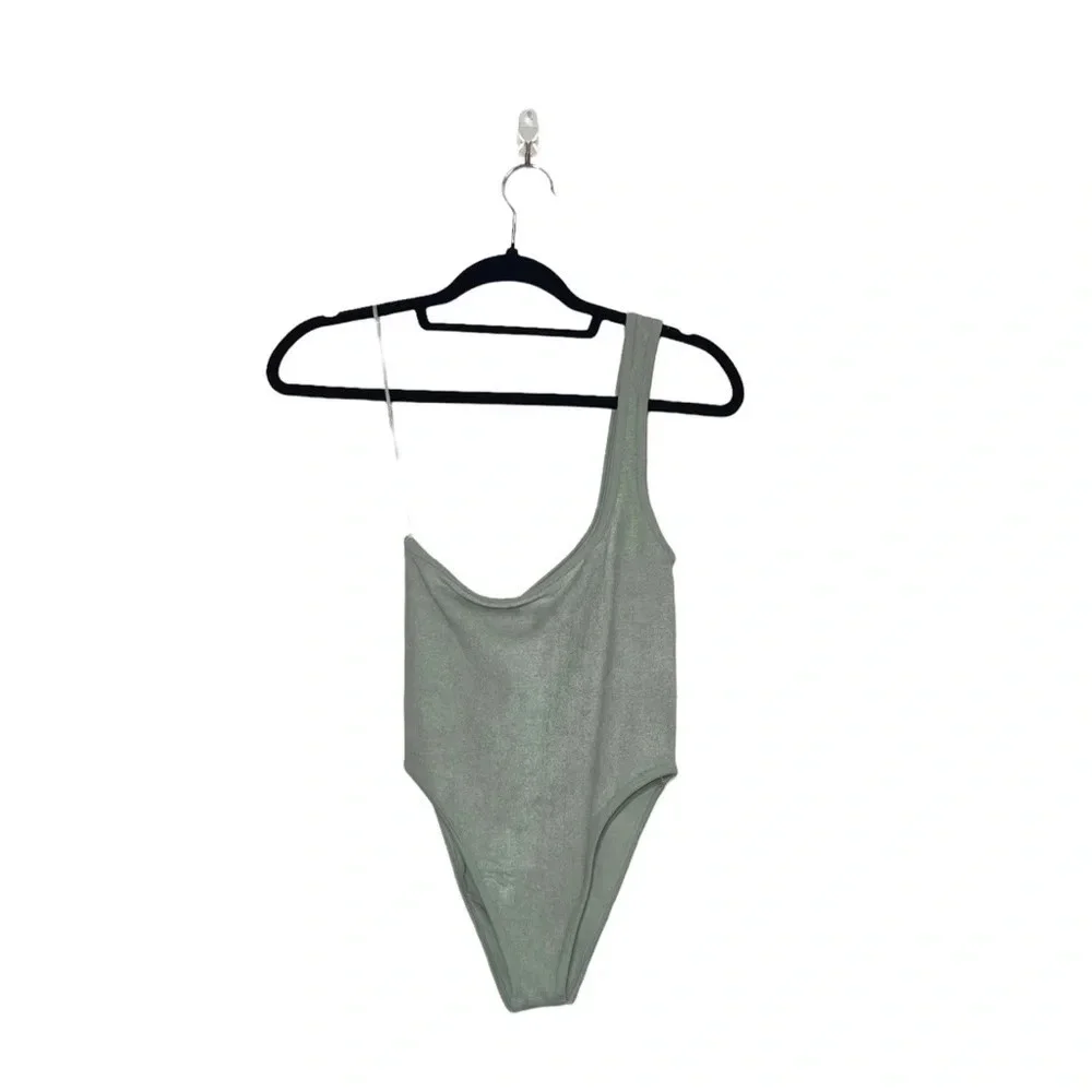 Zara Limitless Contour Bodysuit Sage Green One Shoulder Terrycloth NWT Xsmall
